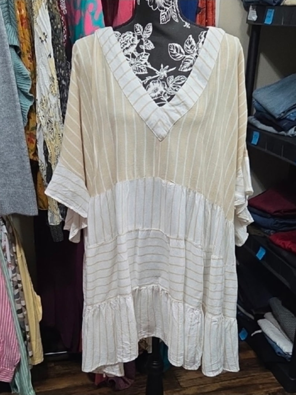 Cato Striped V-Neck Tiered Mini Dress in Cream and White
